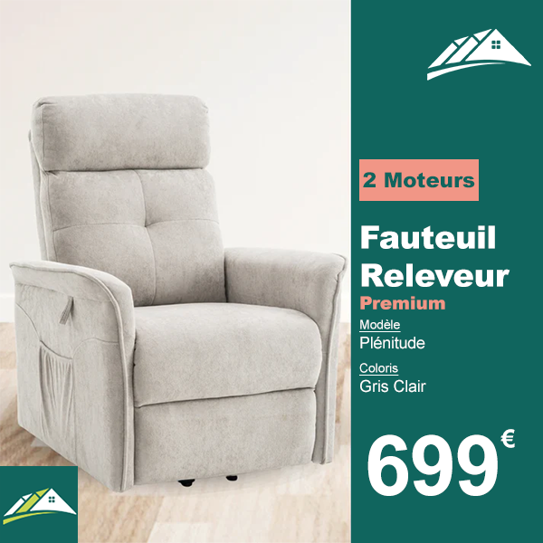 Fauteuil Releveur Premium - 2 Moteurs - Gris Clair - Modèle Plénitude