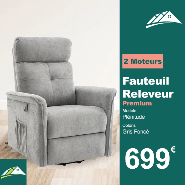 Fauteuil Releveur Premium - 2 Moteurs - Gris Foncé - Modèle Plénitude