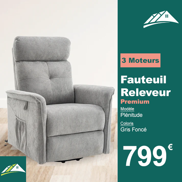 Fauteuil Releveur Premium - 3 Moteurs - Gris Foncé - Modèle Plénitude