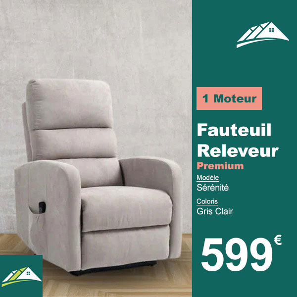 Fauteuil Releveur Premium - 1 Moteur - Gris Clair - Modèle Sérénité