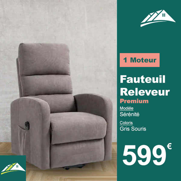 Fauteuil Releveur Premium - 1 Moteur - Gris Souris - Modèle Sérénité