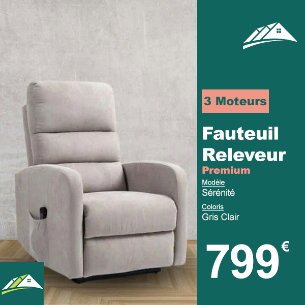 Fauteuil Releveur Premium - 3 Moteurs - Gris Clair - Modèle Sérénité