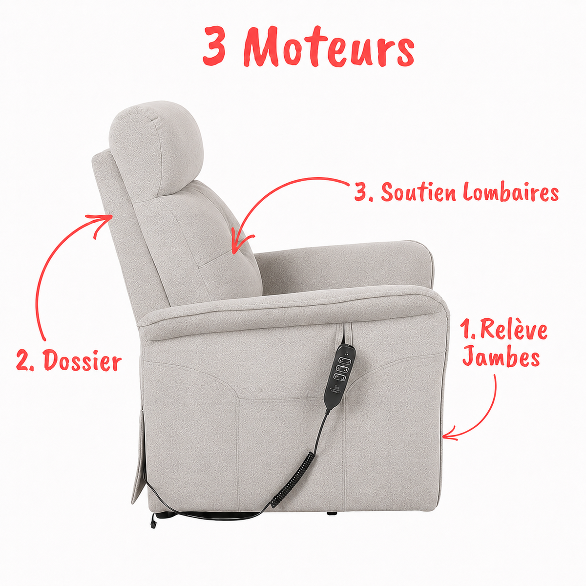 Fauteuil Releveur Premium - 3 Moteurs - Gris Clair - Modèle Sérénité