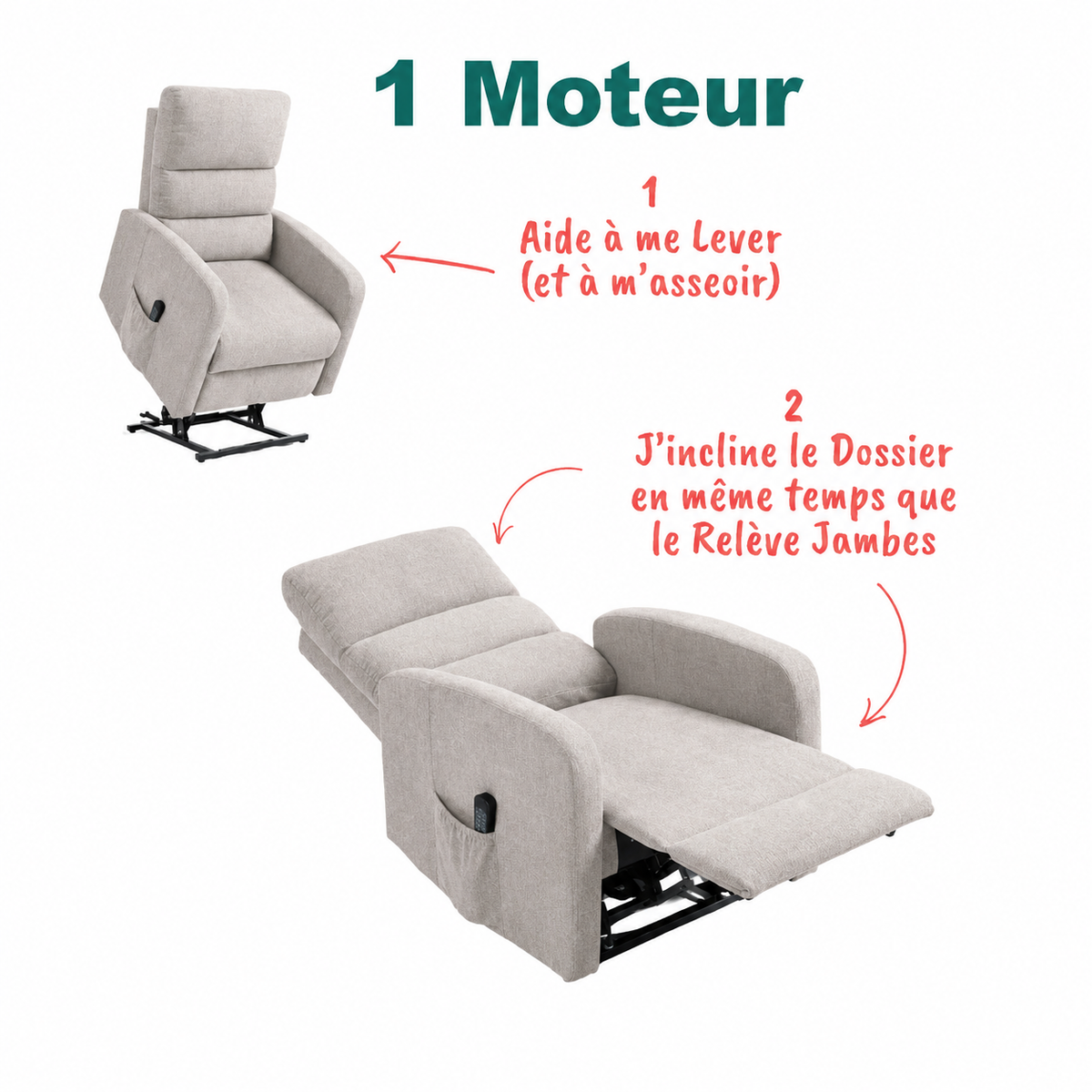 Fauteuil Releveur Premium - 1 Moteur - Gris Clair - Modèle Sérénité