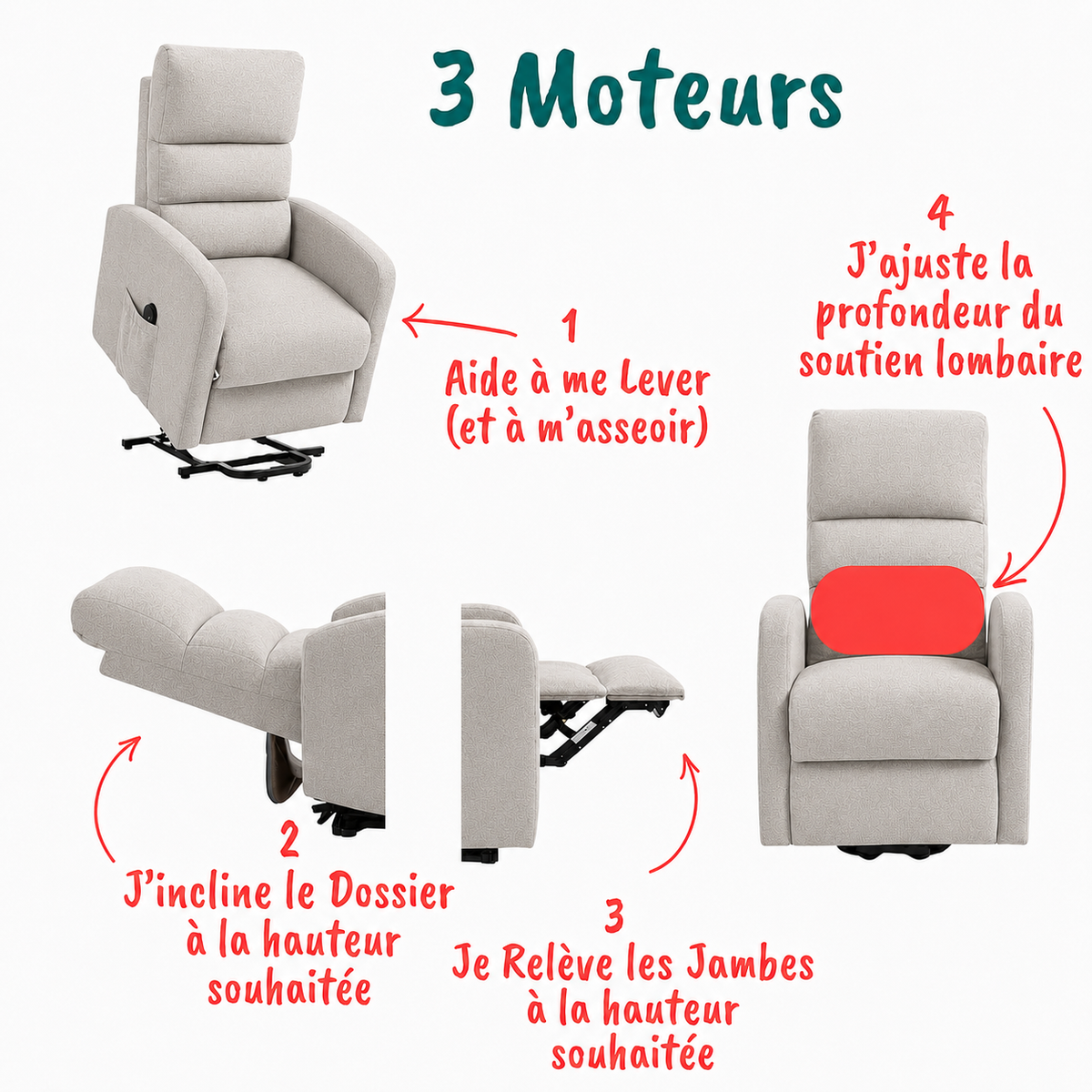 Fauteuil Releveur Premium - 3 Moteurs - Gris Clair - Modèle Sérénité