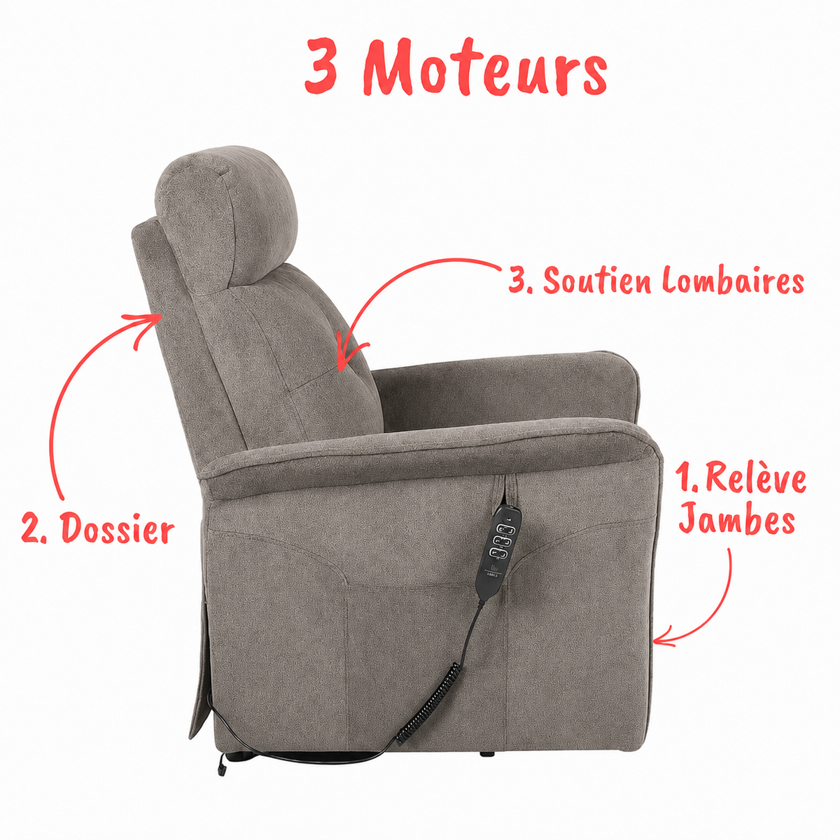 Fauteuil Releveur Premium - 3 Moteurs - Gris Souris - Modèle Sérénité