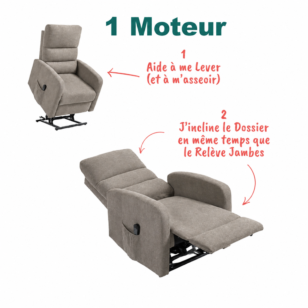 Fauteuil Releveur Premium - 1 Moteur - Gris Souris - Modèle Sérénité
