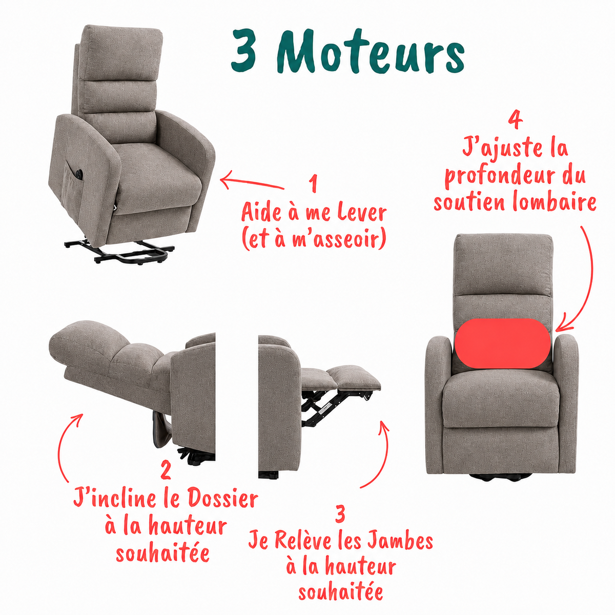 Fauteuil Releveur Premium - 3 Moteurs - Gris Souris - Modèle Sérénité