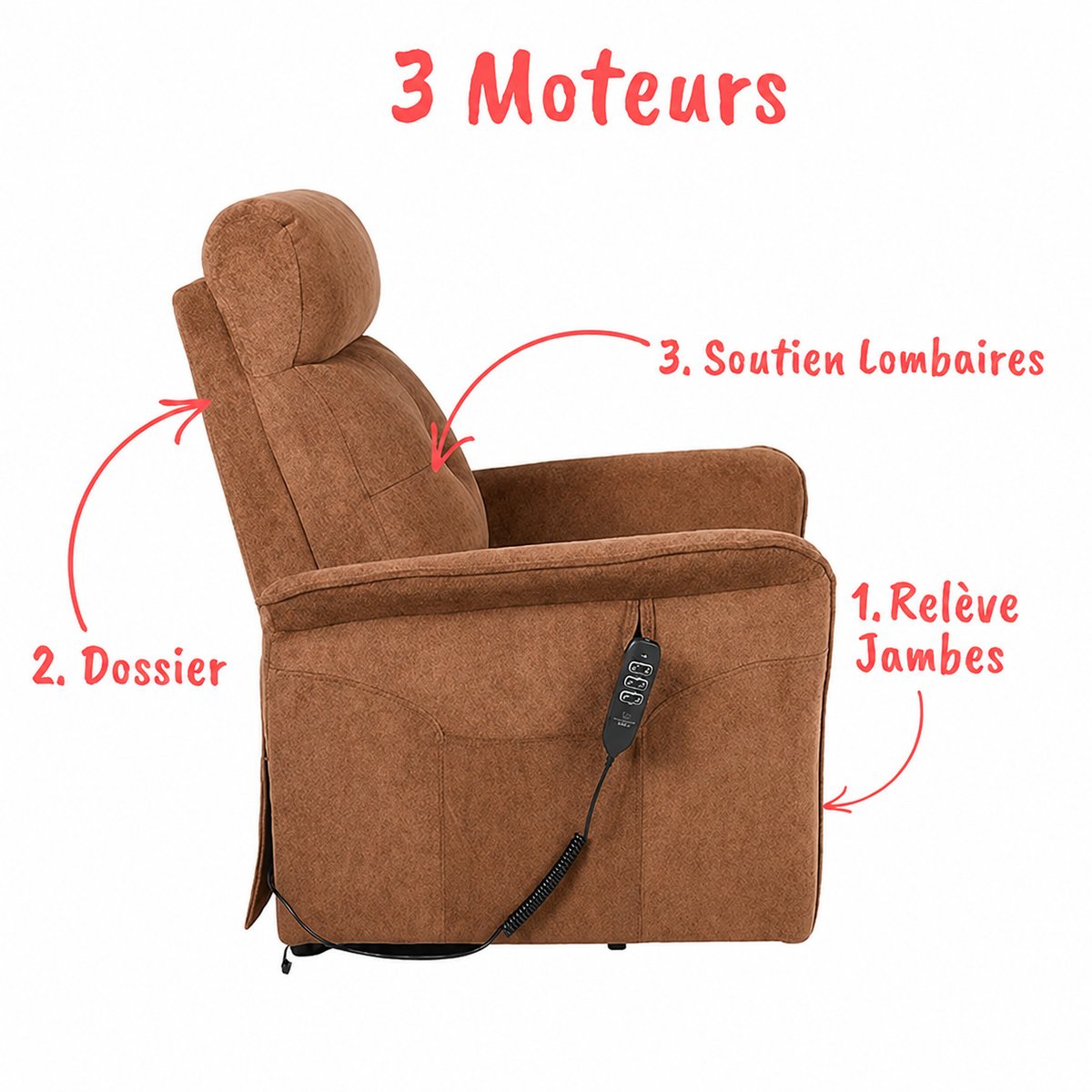 Fauteuil Releveur Premium - 3 Moteurs - Chocolat - Modèle Sérénité