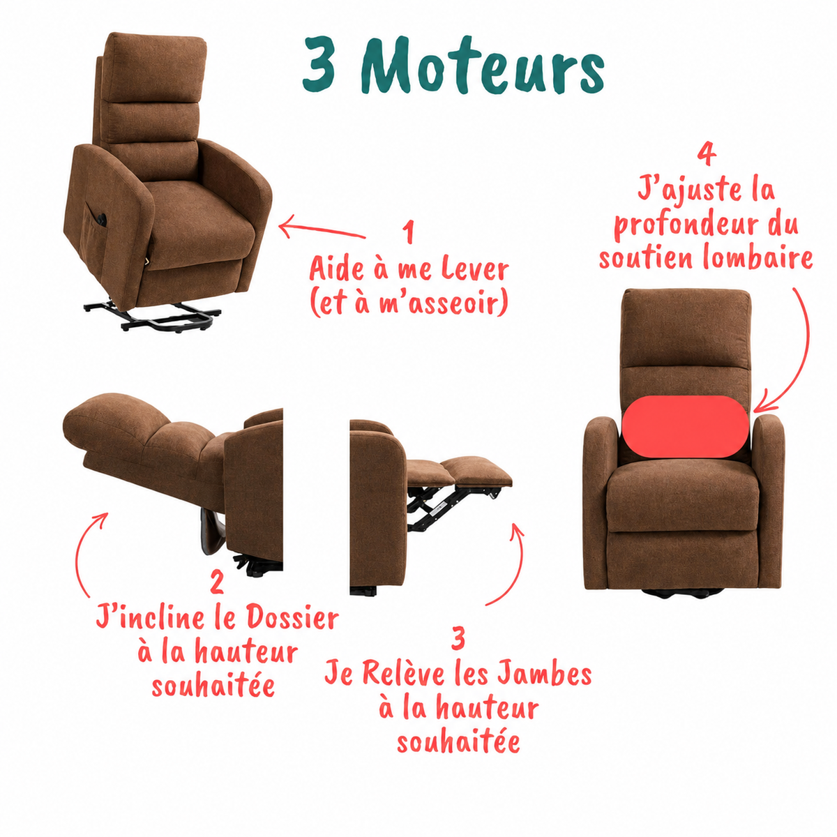 Fauteuil Releveur Premium - 3 Moteurs - Chocolat - Modèle Sérénité