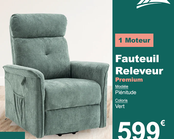 Fauteuil Releveur Premium - 1 Moteur - Vert - Modèle Plénitude