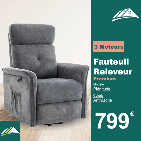 Fauteuil Releveur Premium - 3 Moteurs - Anthracite - Modèle Plénitude