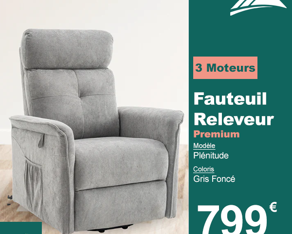 Fauteuil Releveur Premium - 3 Moteurs - Gris Foncé - Modèle Plénitude