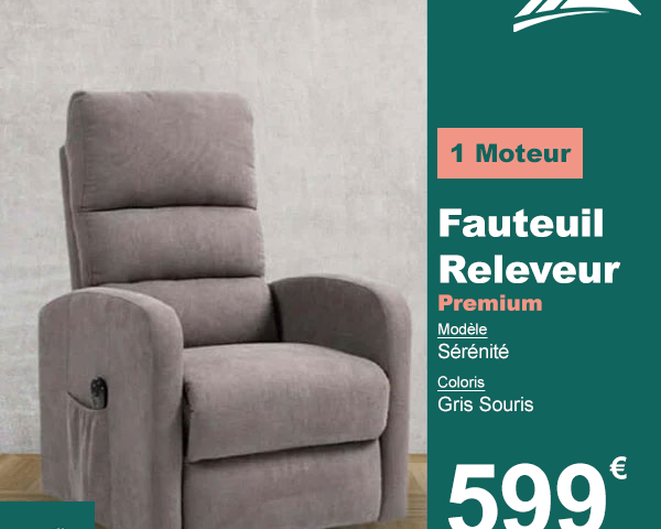 Fauteuil Releveur Premium - 1 Moteur - Gris Souris - Modèle Sérénité