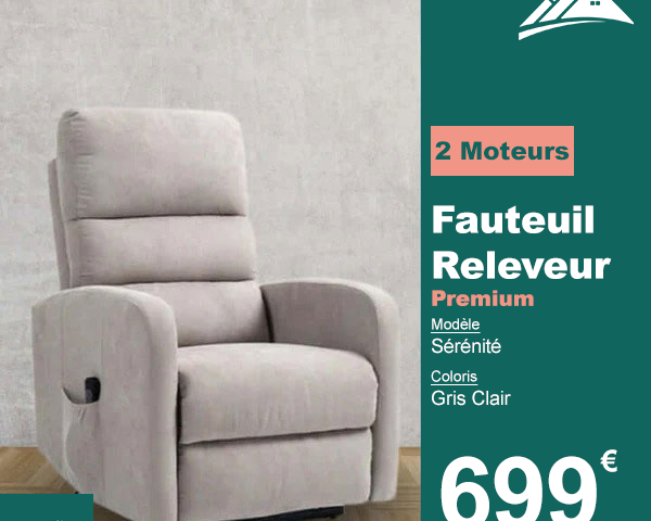 Fauteuil Releveur Premium - 2 Moteurs - Gris Clair - Modèle Sérénité