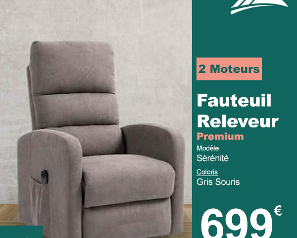 Fauteuil Releveur Premium - 2 Moteurs - Gris Souris - Modèle Sérénité