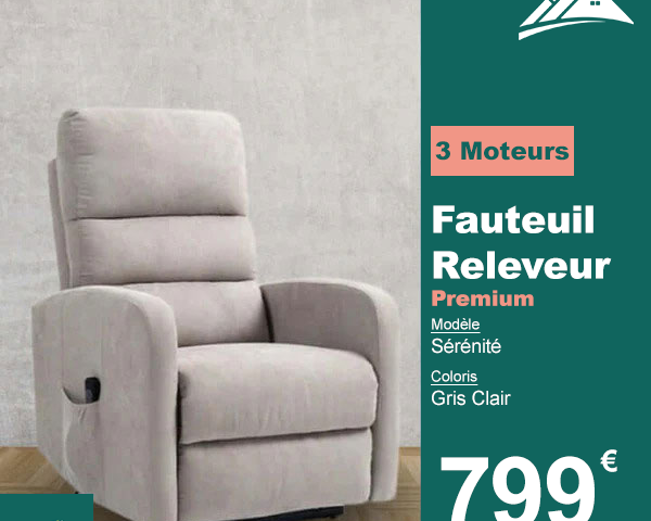 Fauteuil Releveur Premium - 3 Moteurs - Gris Clair - Modèle Sérénité