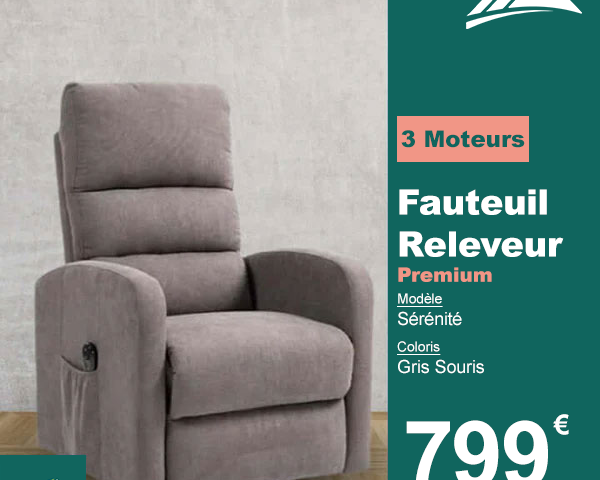 Fauteuil Releveur Premium - 3 Moteurs - Gris Souris - Modèle Sérénité